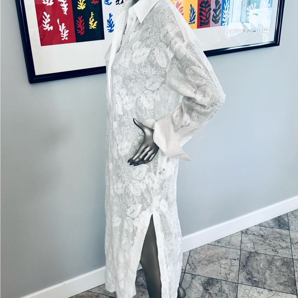 Zara - White Sheer Floral Button-Up Dress/Duster - Sheer Unique Design - Picture 6 of 15